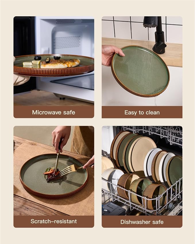 Stoneware Dinnerware Sets, Handcrafted Double Reactive Glaze Plates and Bowls for Everyday & Formal Dining, Microwave & Dishwasher Safe, Scratch Resistant Dishes Service for 4 (12-Piece), Moss Cocoa