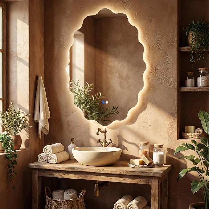 Oval Wavy Led Bathroom Mirror- Vanity Mirror with Lights IP54 Enhanced Anti-Fog,Single Piece 22"x30" 3 Colors Dimmable, Memory,Tempered Glass,UL Listed
