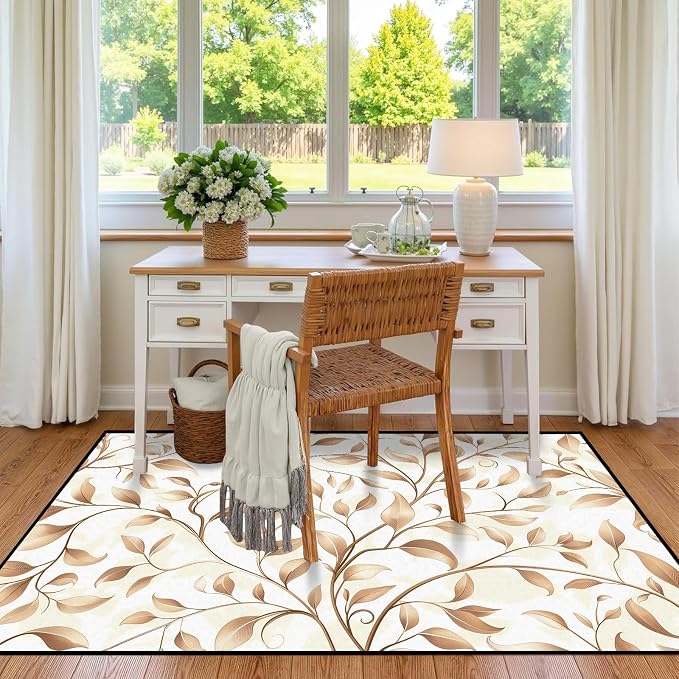 Botanical Leaf Vine Area Rug Beige Floral Branch Print Rug for Bedroom Living Room Kitchen Nursery Playroom Home Decor Non-Slip Washable Floor Mat Modern Farmhouse Carpet,6'x9'