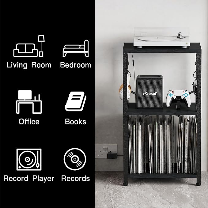 YAKANJ End Table with LED Light,Record Player Stand with Albums Storage,Vinyl Records Storage,Turntable Stand Side Table for Music Room Studio Living Room Bedroom-Modern Black