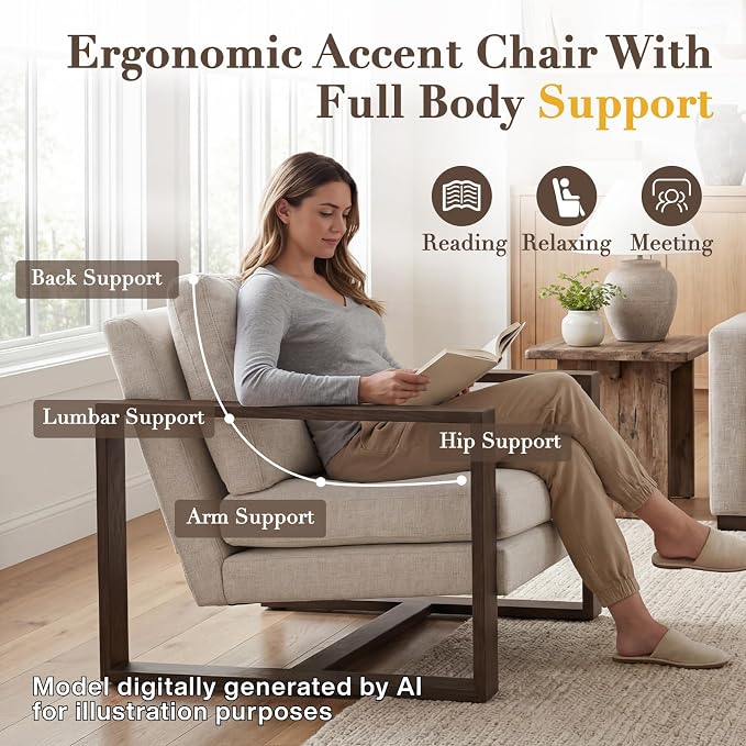 CIMOTA Modern Mid Century Accent Chairs Set of 2 Comfy Armchairs with Armrests Upholstered Reading Lounge Chairs with Metal Frame for Living Room Bedroom Office, Walnut Finish Beige