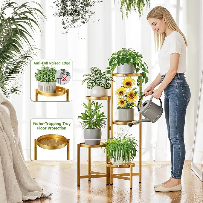 Gold Stand Plants, 5 Tiered Plant Stand Indoor for Multiple Large Planter, Tall Heavy Duty Adjustable Folding Rack with Rustproof 7.9 Inch Wide Tray, Plant Shelf for Corner - GoldDisk