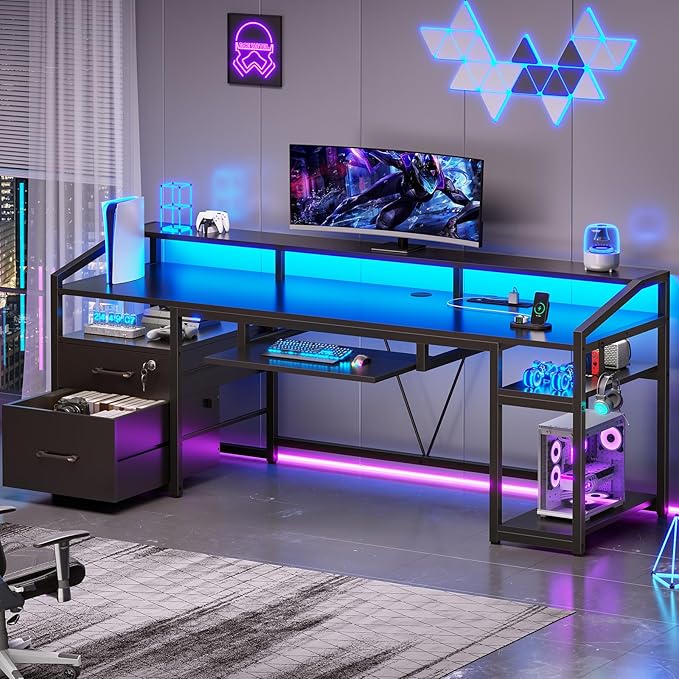 SEDETA 63" Computer Desk, Office Desk with Lockable Drawers for Legal/Letter File, Gaming Desk with LED Lights & Power Outlet, Home Office Desks with Storage, Black