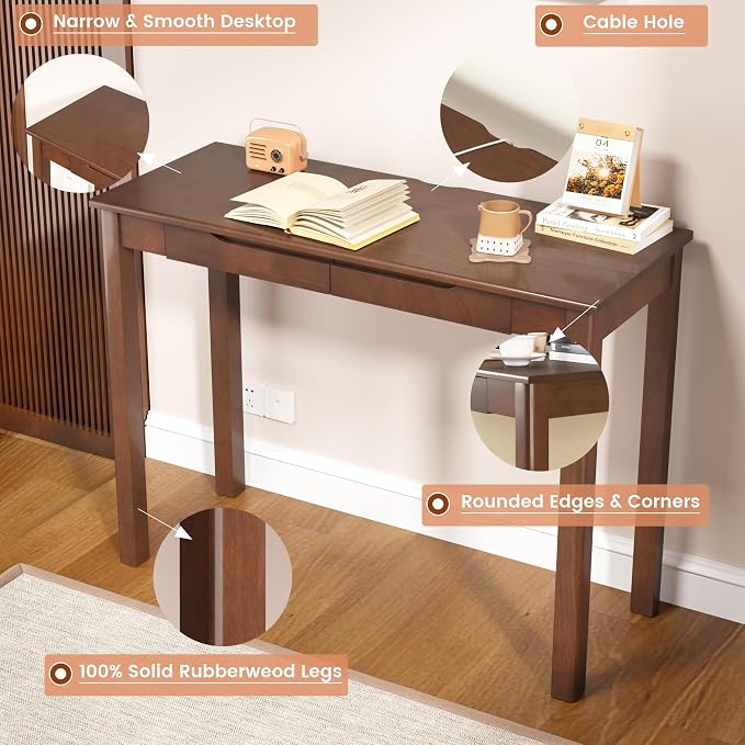 Solid Wood Desk with Drawers - 39 x 16 Inch Vintage Narrow Desks, Mid Century Modern Desks, Rubber Wood Study Table, Small Writing Desk for Bedroom|Small Spaces - Walnut Color