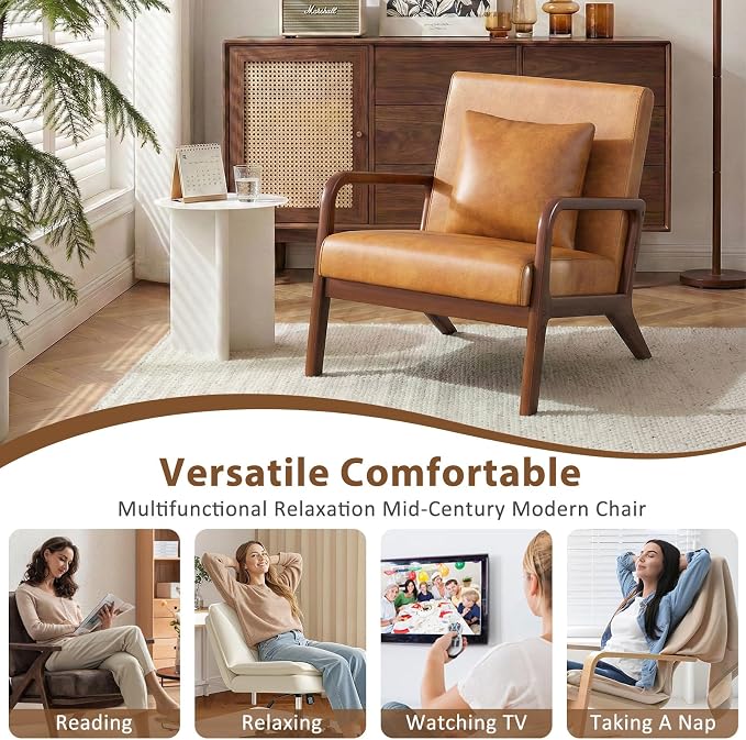 Mid Century Accent Chair, Upholstered Lumbar Pillow Lounge Chair Brown Faux Leather Cozy Leisure Chair Solid Oak Frame Relaxing Retro Living Room Chair for Bedroom Reading Nook