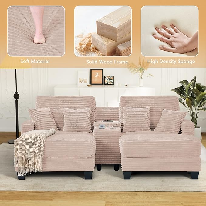 Oversized Chaise Lounge Chair Indoor with Storage & USB, Cup Holder & Ottoman, Firm Solid Wood Frame with Long Service Life Corduroy Oversized Lounge Reading Chair for Large Study Room - Pink