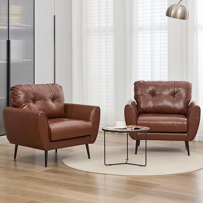 TYBOATLE Accent Chairs Set of 2, Comfy Modern Living Room Brown Leather Reading Accent Chairs Tufted Mid Century Arm Chair Small Salon Chair for Office Bedroom (2, Brown)