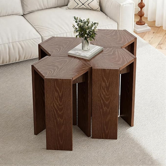 Solid Wood Nesting Coffee Tables (2 Sets of 2), 4-Piece Modular Living Room Table Set with Multiple Layouts, for Living Room Layout - Walnut Color - 12.2" L x 12.2" W x 16.7" H