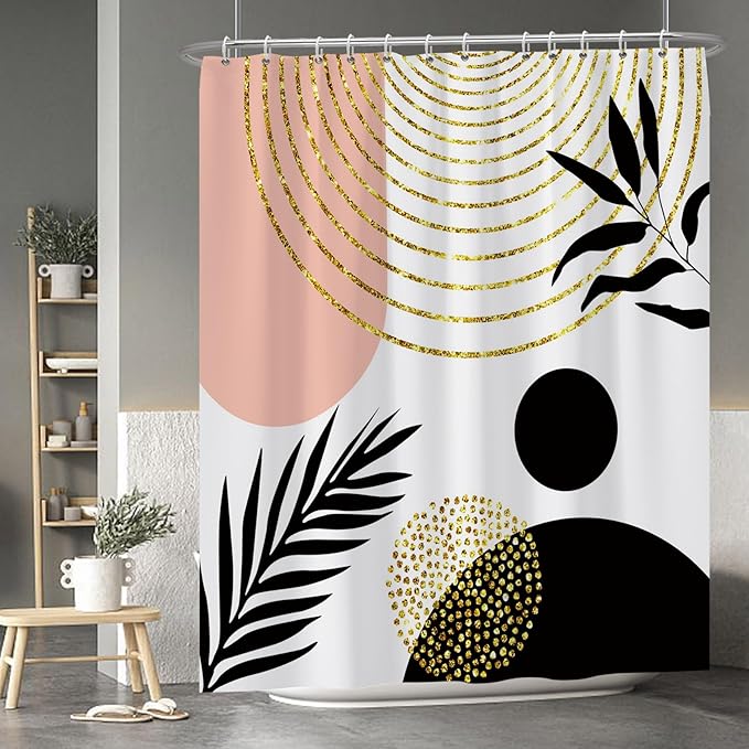 Baocicco Mid Century Shower Curtain Boho Sun Plant Leaves Modern Abstract Gold Geometric Shower Curtains for Bathroom Bathtubs Waterproof Fabric Shower Curtain with Hooks 72x84 Inches