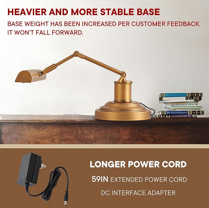 Vintage Piano Lamp for Grand/Upright Pianos, Bronze Piano Light with Touch Control & 3 Color Temperature & Stepless Dimming, Gold Foldable Desk Lamp for Bankers, Office, Reading, Bedside