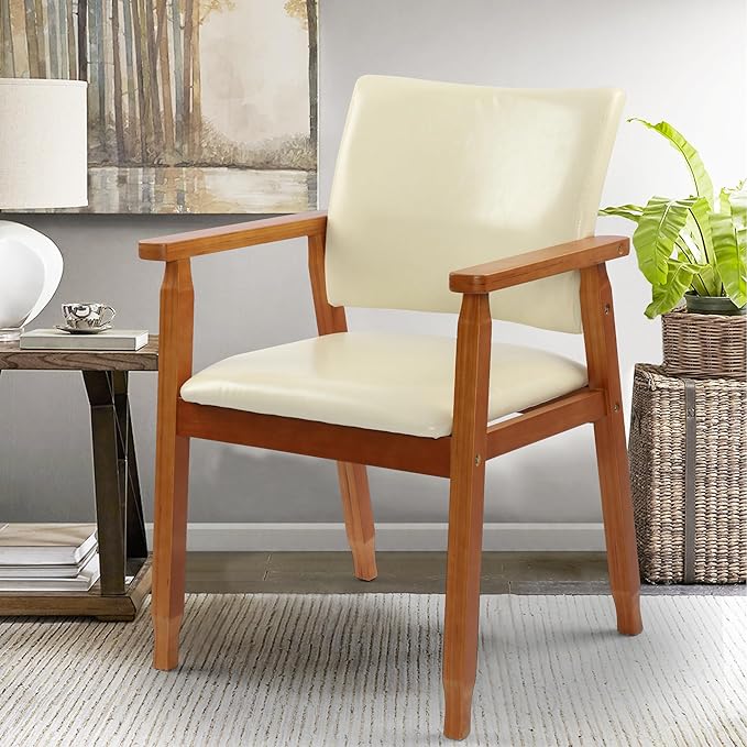 NOBPEINT Mid-Century Dining Side Chair with Faux Leather Seat in Tan, Arm Chair in Walnut,Set of 4