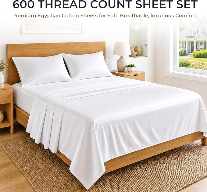 SGI bedding 100% Egyptian Cotton Sheets Full XL Size – 600 Thread Count Sheets Set, Soft, Cooling, 15" Deep Pocket, Luxury Hotel Bedding, Breathable, Durable - White