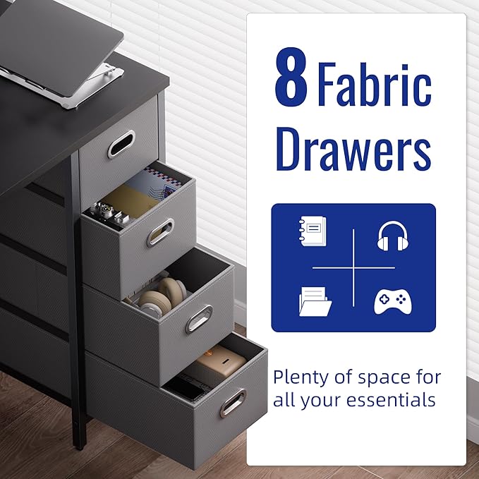 Pamray 47 Inch Computer Desk with 8 Fabric Drawers PC Gaming Desk Home Office Study Work Writing Table for Bedroom Black