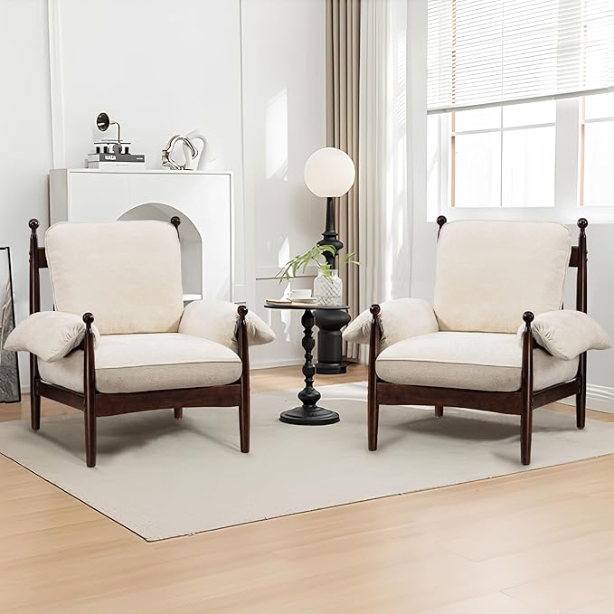 AQO Mid Century Modern Accent Chair with Arms, Upholstered Spindle Chair with Wood Frame, High-Resilience Sponge Cushion for Living Room Bedroom Office