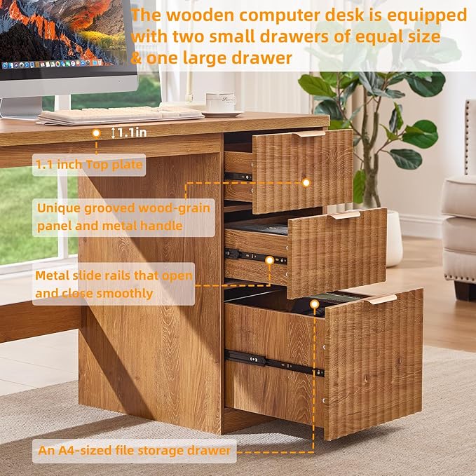 48" Modern Fluted Home Office Desk with Storage Cabinet, Brown Wood Executive Desk with File Drawer & Golden Handles, Large Computer Writing Table for Office,Study, Living Room, Bedroom