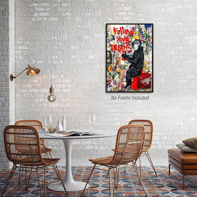 Tanmart Banksy Canvas Wall Art Monkey Follow Your Dreams Street Graffiti Wall Art Banksy Prints Gorilla Poster Monkey Artwork Graffiti Pictures Painting for Home Living Room Decor 16x24 Inch Unframed