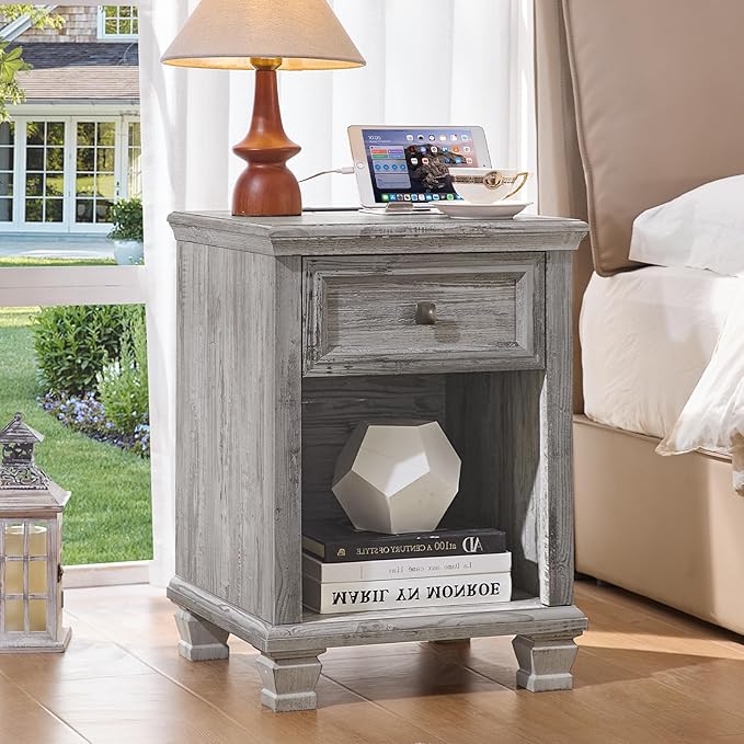 Farmhouse End Tables Living Room Set of 2, Rustic Wood Nightstand with 1 Drawer, Bedside Table with Open Shelf for Bed Room, Side Table for Living Room, Grey