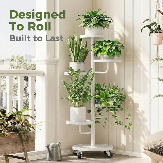 Bamworld Tall Plant Stand Indoor Outdoor Metal Plant Stands with Wheels 5 Tiered Corner Plant Holder Heavy Duty Flower Stand for Multiple Pots Planter Stand for Patio Balcony Living Room (White)