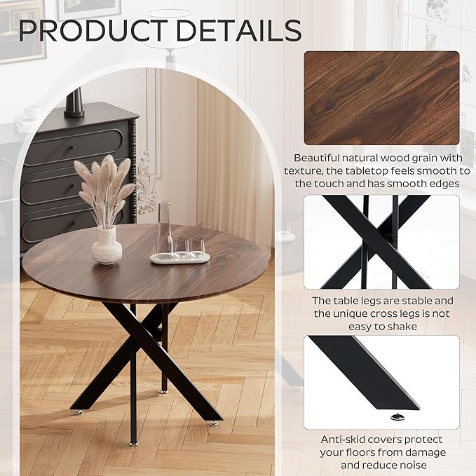 RGZ Mid Century Walnut Round Dining Table Set for 2, 36" Small Wooden Circle Kitchen Table & 2 Black PU Leather Kitchen Chairs, Dinner Table Set for Home, Apartment, Dining Room