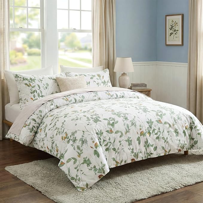 Floral Duvet Cover King Size 100% Cotton Reversible Green Floral Duvet Cover Set with Zipper Closure 3 Pcs Green Leaf Soft & Breathable Bedding Comforter Cover