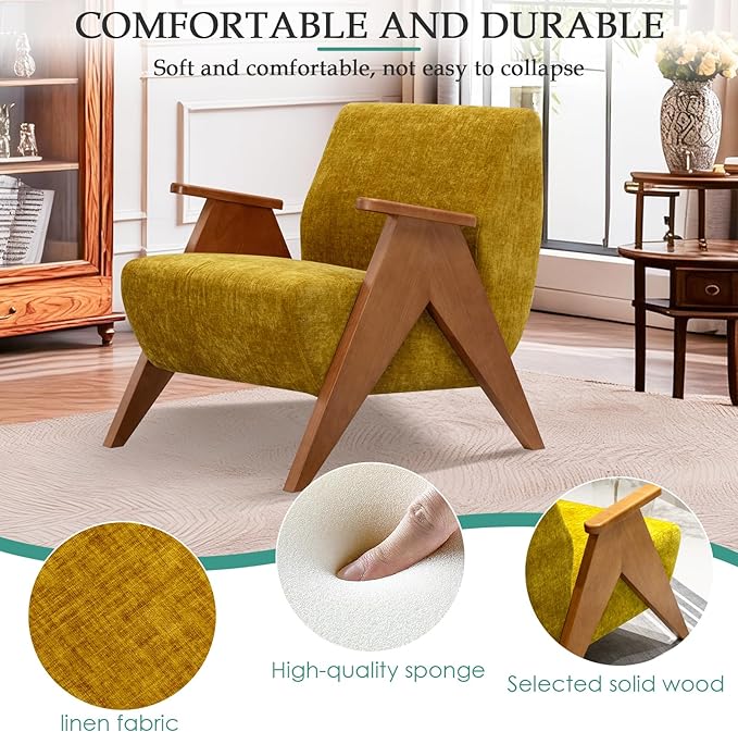 Home Accent Chair Mid Century Modern Accent Chair with Wood Frame, Lounge Upholstered Armchair, Reading Chair, Sturdy Base,For Living Room, Bedroom,Office,Comfy Guest Waiting Room Chairs,Yellow