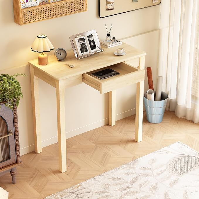 Solid Wood Desk with Drawers - 32 x 16 Inch Simple Narrow Desks, Rubber Wood Study Table, Small Writing Desk for Bedroom|Small Spaces - Natural Boho Desks