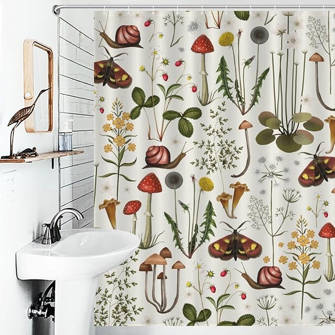 Mushroom Shower Curtain for Bathroom, Farmhouse Country Wild Floral Moth Botanical Mushroom Cottagecore Nature Plants Herbs Waterproof Fabric Shower Curtain Set with Hooks, 72"x84" Inch