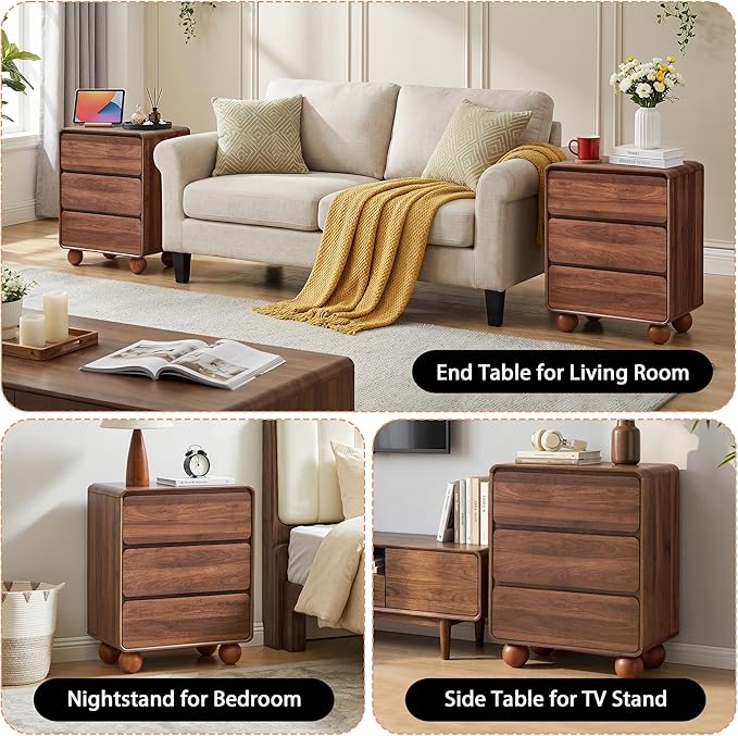 AVZEAR Set of 2 Modern 3 Drawer Dresser for Bedroom, Wooden Dresser Chest of Drawers, Handle Free & Curved Profile Design, Mid Century 3 Drawer Nightstand for Living Room, Walnut