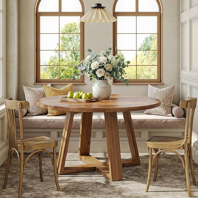 47.2" Solid Wood Dining Table, Farmhouse Round Kitchen Table for 4, Rustic Circle Tables with Sturdy Trestle Base for Dining Room & Kitchen, Warm Oak Finish
