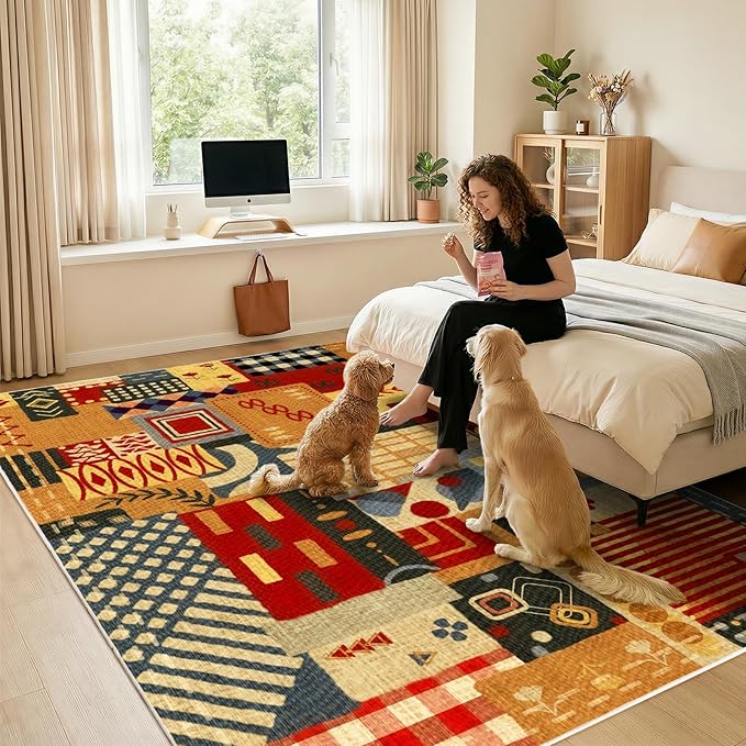 6x9 Abstract Tribal Patchwork Area Rug, Boho Patchwork Colorful Rugs for Living Room, Modern Memphis-Inspired Throw Carpet, Washable Non-Slip Low Pile Rug for Dining Room Office Bedroom Dining Room
