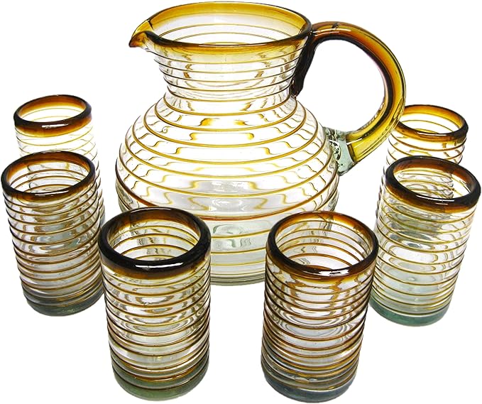 Amber Spiral 120 oz Pitcher and 6 Drinking Glasses set, Recycled Glass, Lead-free, Toxin-Free (Pitcher & Glasses)