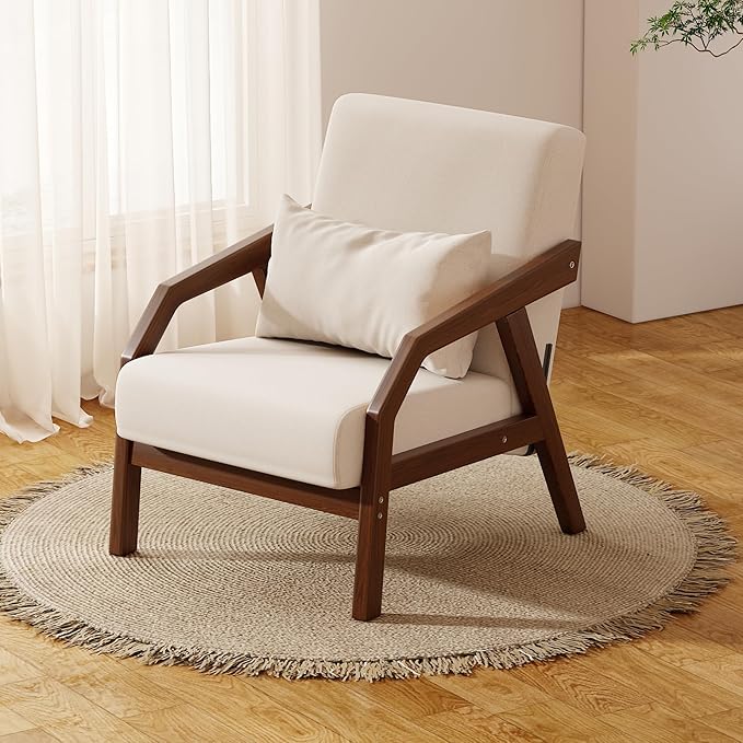 Solid Wood Accent Chair Mid-Century Modern Lounge Armchairs, Fabric Upholstered Soft Comfy Living Room Chairs with Armrest Waist Cushion Pillow for Office Reading Waiting Room (Brown Arm)