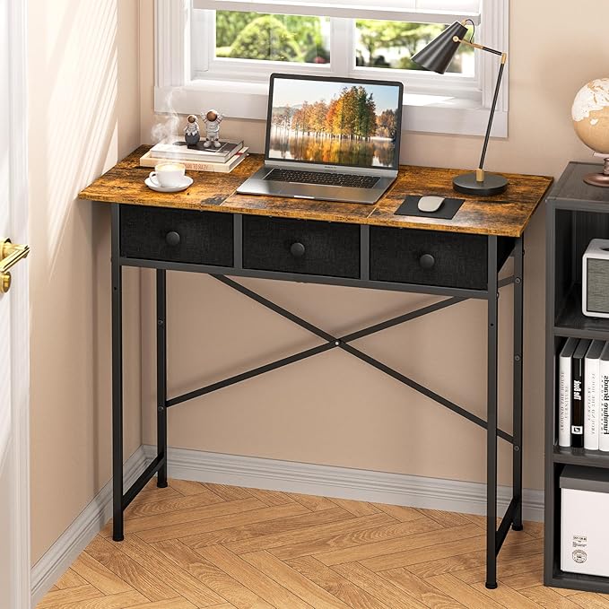 Small Writing Desk with 3 Drawers for Bedroom, 37.2 Inch Computer Desk for Small Spaces, Simple Desk with Drawers for Kids Bedroom, Home Office, Dorm, Living Room, Home Study Table, Rustic Brown