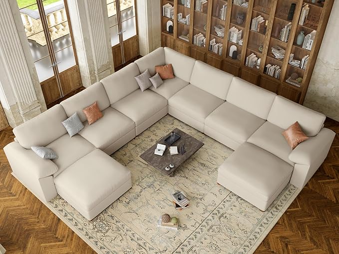 EASE MOOSE Faux Leather Sectional Couch, Oversized Modular Sofa, Modern Comfy Modular Couch, Scratch Resistant Material Sofas, U Shaped Couch for Big Spaces, Beige