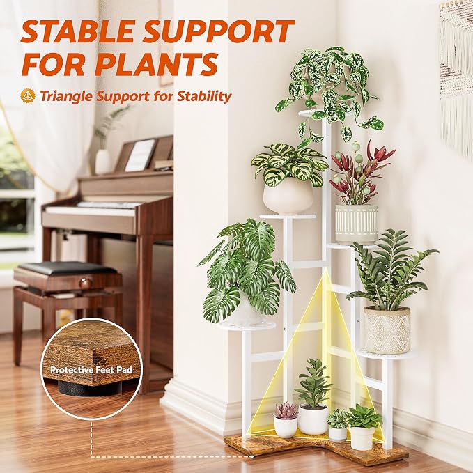 6 Tier Plant Stand Indoor Outdoor, Tall Metal Wood Shelf Tiered Planter Display Shelving Unit for Living Room Bedroom Balcony