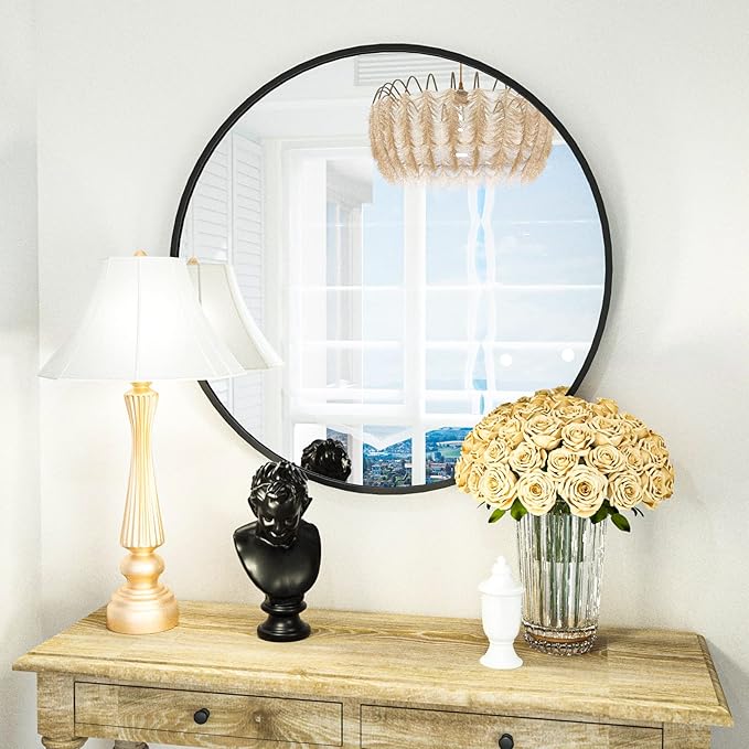 HARRITPURE Round Mirror 19.6" Black Wall Mounted Circle Mirror with Aluminum Alloy Frame Modern Design for Bathroom, Living Room, Vanity, Bedroom, Entryway