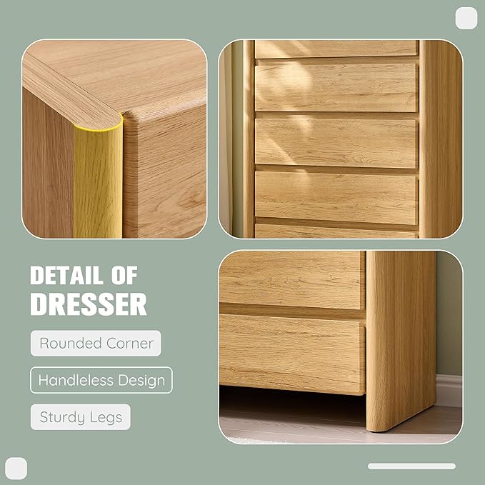 Modern 5 Drawers Dresser for Bedroom, 43" Tall Dresser & Chests of Drawers w/Rounded Corner, Wood Handleless Dresser w/Large Storage & Natural Texture for Bedroom, Living Room-Natural