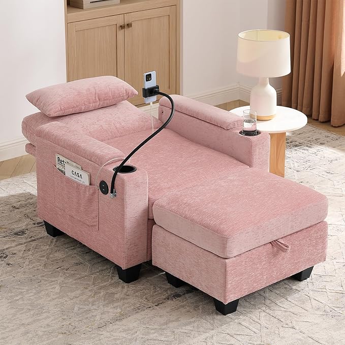 Oversized Chaise Lounge Chair Indoor, Single Convertible Recliner Reading Arm Sofa Chair W/Adjustable Backrest & Charging Port Couch Bed for Living Room, Home Theater & Bedroom, Pink