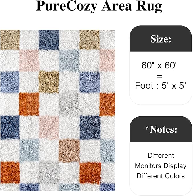 Checkered Rug 5x5 for Living Room, Modern Rainbow Shag Super Soft Washable Fluffy Rugs Indoor Fuzzy Carpet for Bedroom Home Dorm Aesthetic Decor