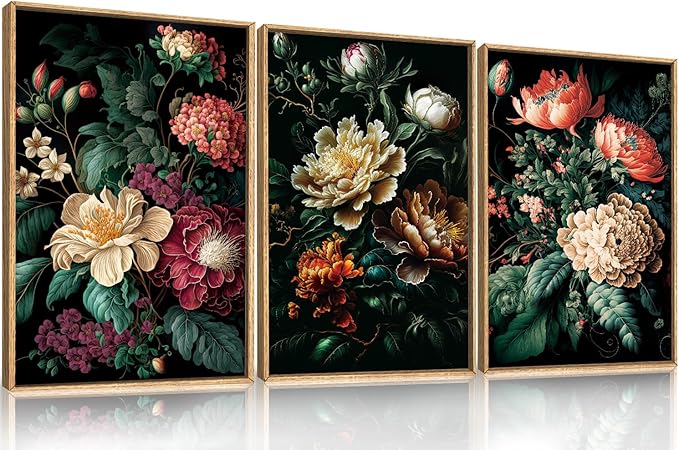FWIEXA Moody Floral Wall Art Canvas Set, Framed Dark Botanical Wall Painting, Large Black Academia Wall Painting, Academia Art Print 3 Piece 16x24 Inches for Living Room, Bedroom, Office