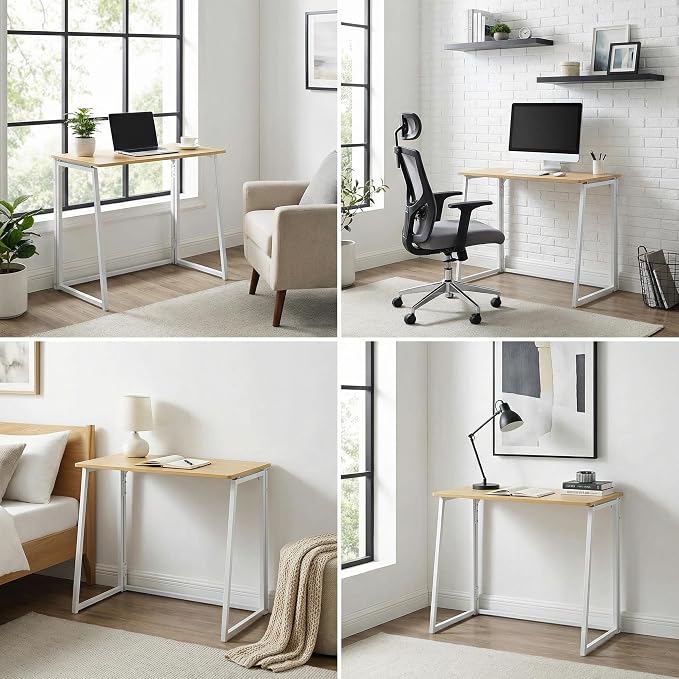 FurnitureR Folding Desk, 31.5 Inches Foldable Simple Laptop Table, Space Saving Computer Study Desk Compact Writing Workstation for Small Space, Light Oak