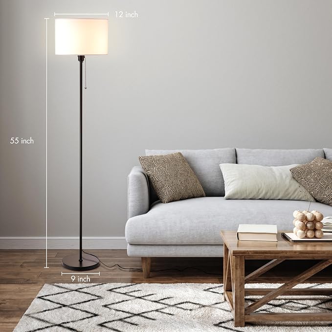 O’Bright Ted - Drum Shade Standing Lamp, Pull Chain Switch, E26 Socket, Modern Minimalist Design, Simple Floor Lamp for Living Room, Bedroom, Office, Black