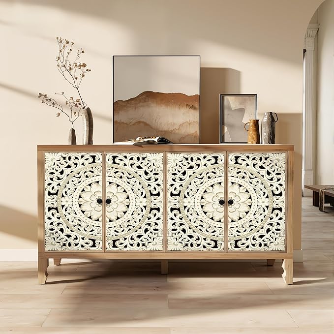 Buffet Cabinet with Storage, Accent Cabinet with 4 Carved Doors, Solid Wood Sideboard with Adjustable Shelf, Vintage Cabinets for Kitchen, Living Room, Entryway, White&Natural