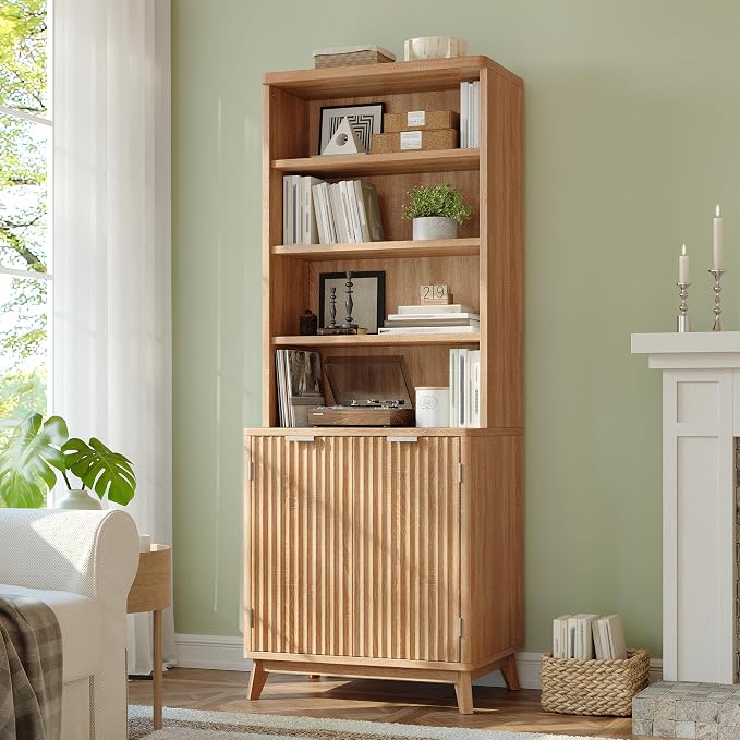 DurayLoly Tall Bookshelf, 6-Tier Bookcase with Fluted Doors & Adjustable Shelves, Mid-Century Cabinet, Modern Wooden Book Shelf for Home Office, Living Room, Kitchen, Light Oak