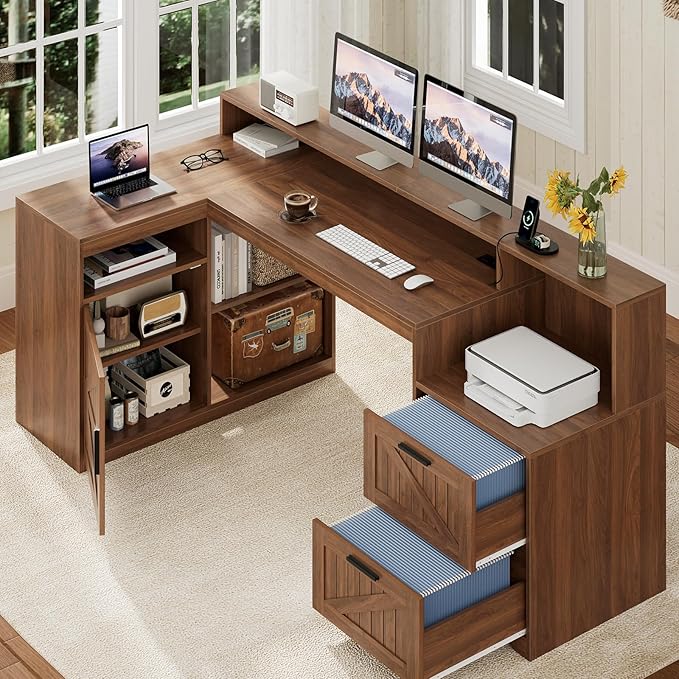 TVU Farmhouse L Shaped Desk with Drawers, 62.2" Home Office Desk with Storage Shelves and Power Outlet, L Shaped Computer Desk with Monitor Stand and Printer Shelf, Brown