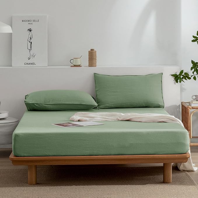 EVERLY Linen Sheets Set Twin Size,100% French Pure Linen Sheets Set,3Pieces (1Flat Sheet,1Fitted Sheet,1Pillowcase) Suitable for Hot Sleepers, Stonewash Deep Pocket Natural Bedding Set-Saga Green