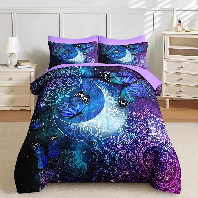 Nesker 7 Pcs Comforter Set Queen Size, Dream Butterflies Floral Bedding Set for Kids and Adults, Fantasy Starry Moon Bed Sheet Sets with Fitted Sheet 2 Pillowcases & 2 Shams