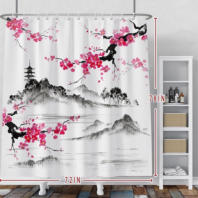Baocicco Plum Blossom Shower Curtain Pink Cherry Blossom Floral Misty Mountains Shower Curtains Decorative for Bathroom Waterproof Fabric Shower Curtain with Hooks 72x78 Inches