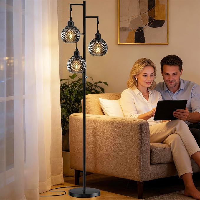QiMH Modern Floor Lamps for Living Room, Standing Lamp with 3 Lights, 68" Tall Lamp for Bedroom, Grey Vintage Glass Lamp with Stepless Dimmable for Home Decor, 3 LED Bulb Included, Black