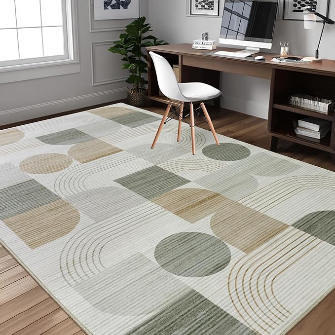 Large Machine Washable 4x6 Area Rug, Soft Modern Geometric Abstract Beige Rugs for Bedroom Living Room, Non-Shedding Faux Wool Indoor Throw Floor Carpet for Office Entryway Dining Room Decor